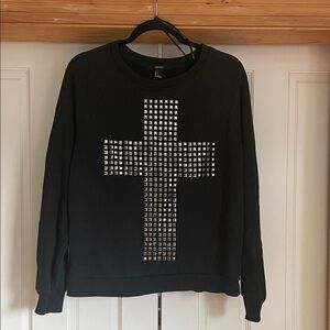 Forever 21 Black Crewneck Sweater with Silver Cross. Size L